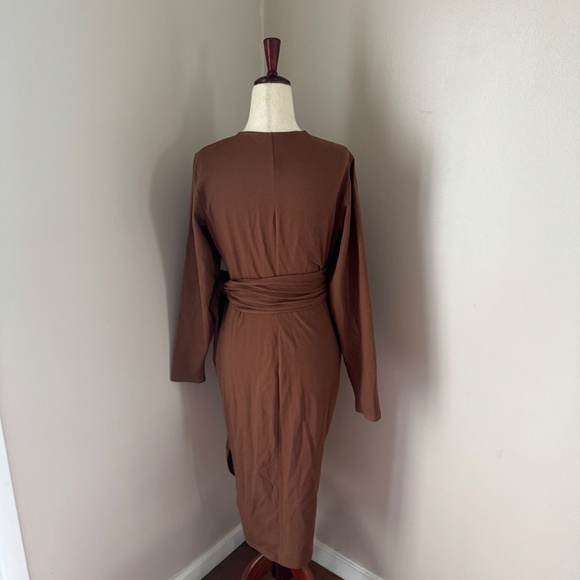 Audrey Leighton Brown V Neck Long Sleeve Midi Wrap Dress Size Large - Picture 6 of 12